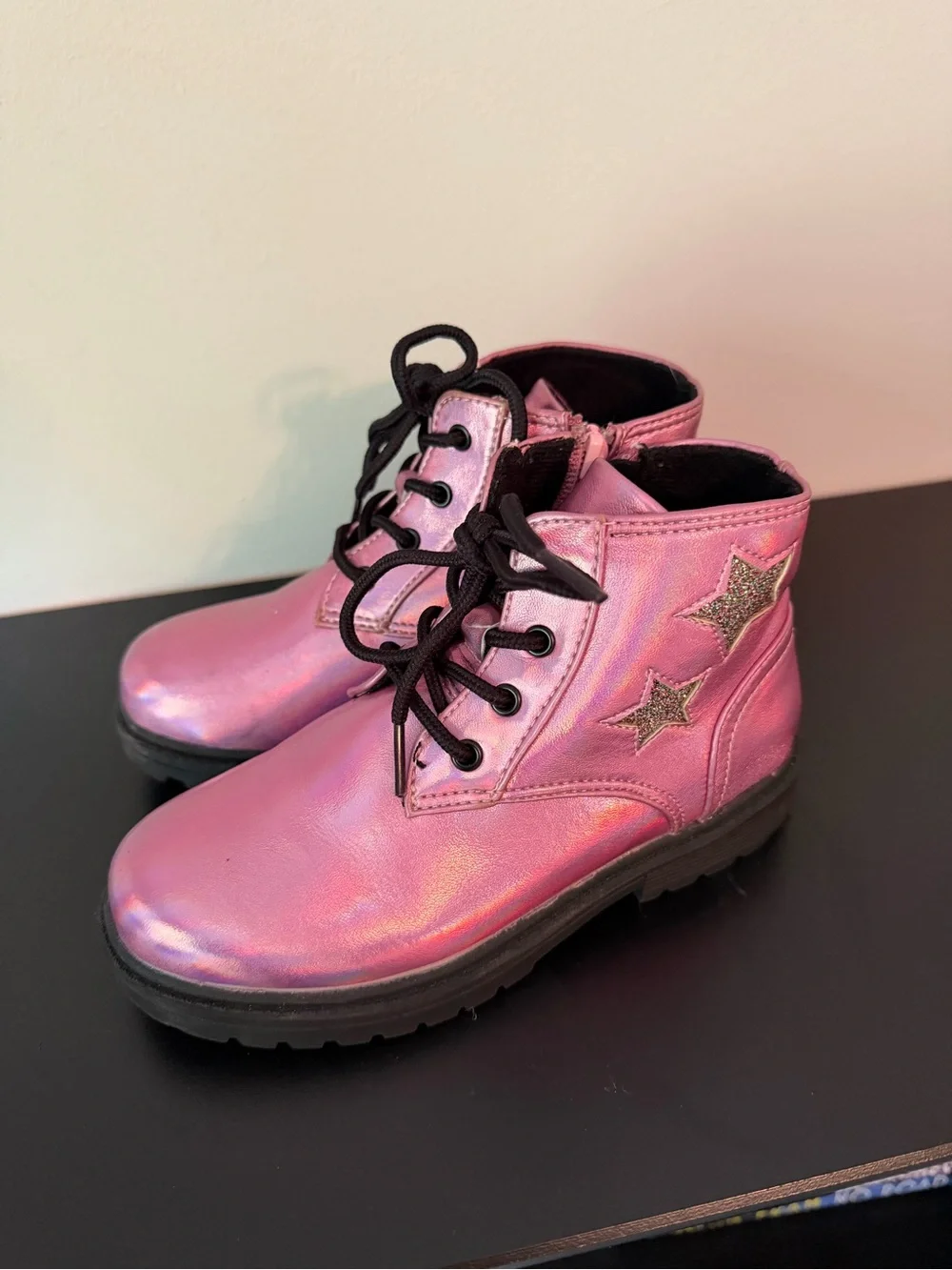 Blowfish Malibu Kids - size 12 Pink Holographic Lace-Up Boots with Star Accent